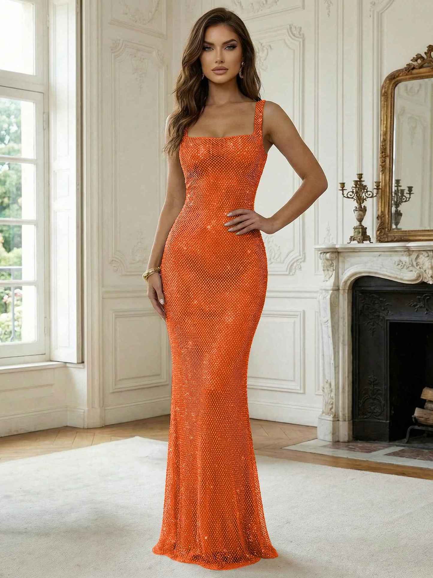 Crystal-Embellished Mermaid Long Prom Dress with Square Neckline