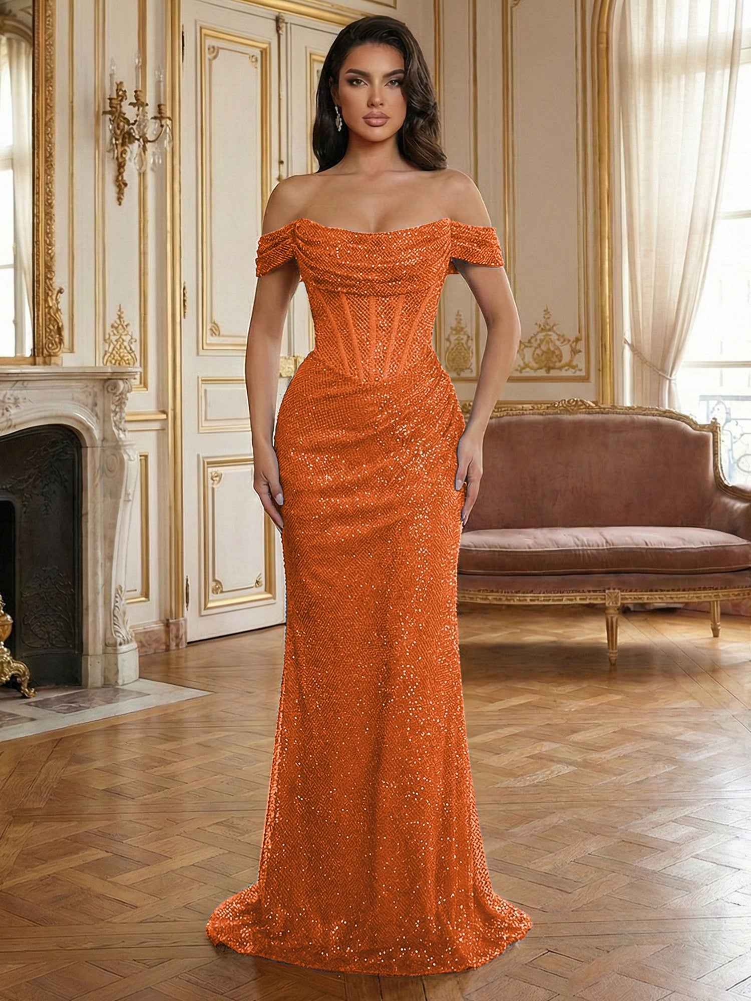 Red Off-The-Shoulder Sequined Corset Mermaid Long Prom Dress