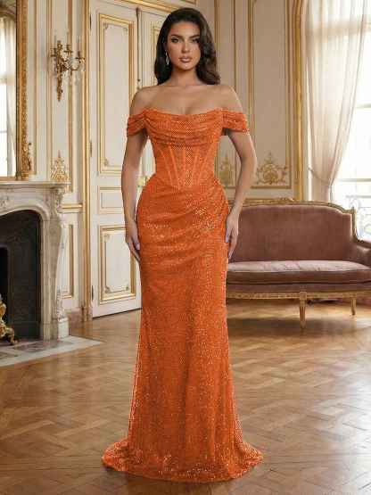 Red Off-The-Shoulder Sequined Corset Mermaid Long Prom Dress