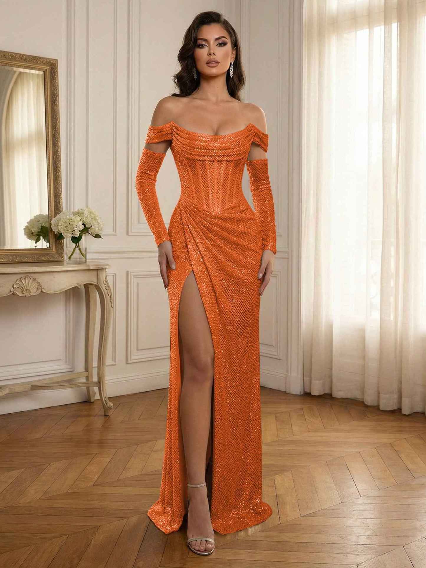 Silver Sequin Off-the-Shoulder Long Sleeves Corset Prom Dress with Slit