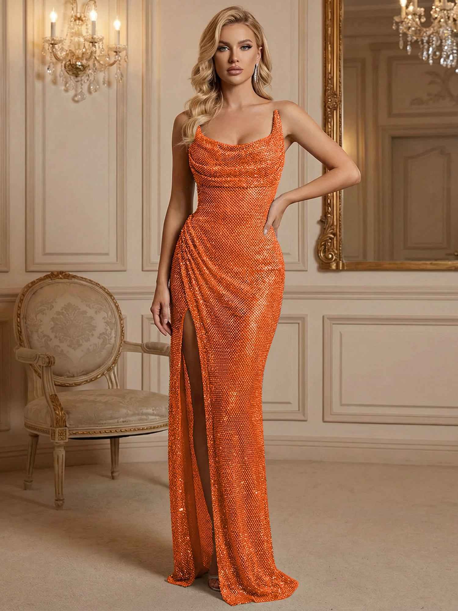 Silver Sequin Cowl Neck Ruched Long Prom Dress with High Slit