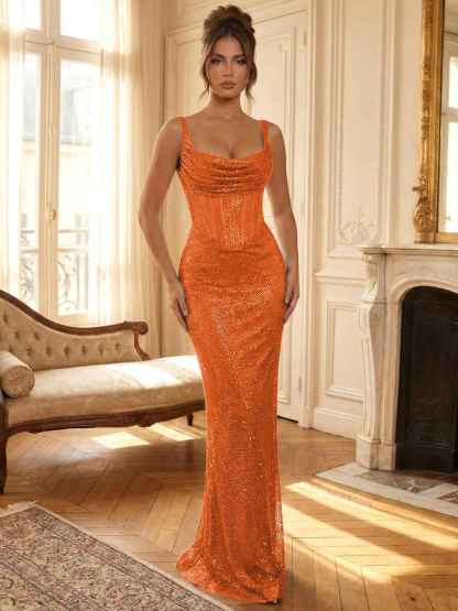 Sparkly Blue Shimmer Cowl Neck Corset Prom Dress