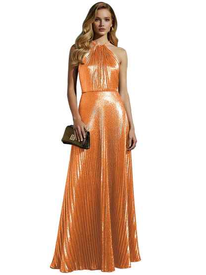 Luxurious Champagne-Gold Pleated Halter Long Prom Dress