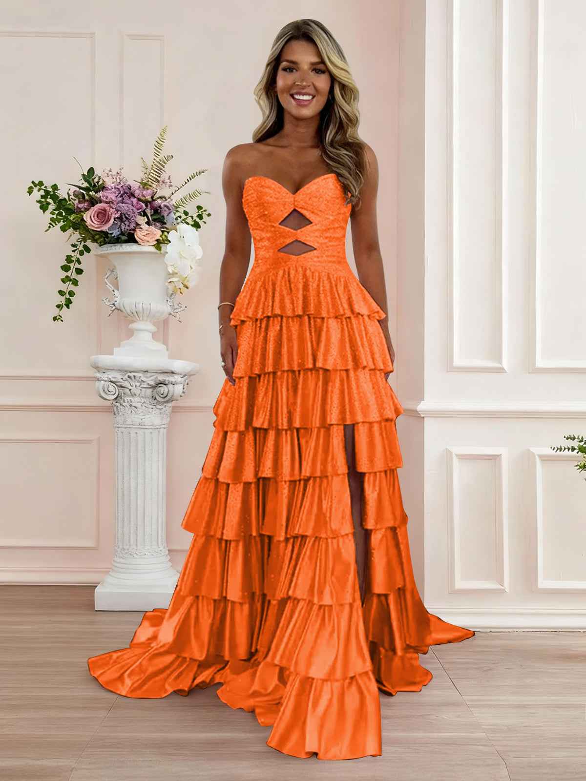 A Line Strapless Sweetheart Satin Prom Dress with Keyhole