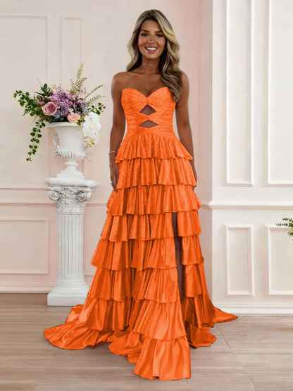 A Line Strapless Sweetheart Satin Prom Dress with Keyhole