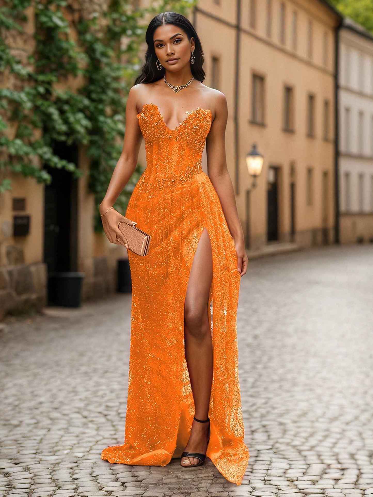 Red Strapless Beaded Fringe Waist Sequin Prom Dress with High Slit