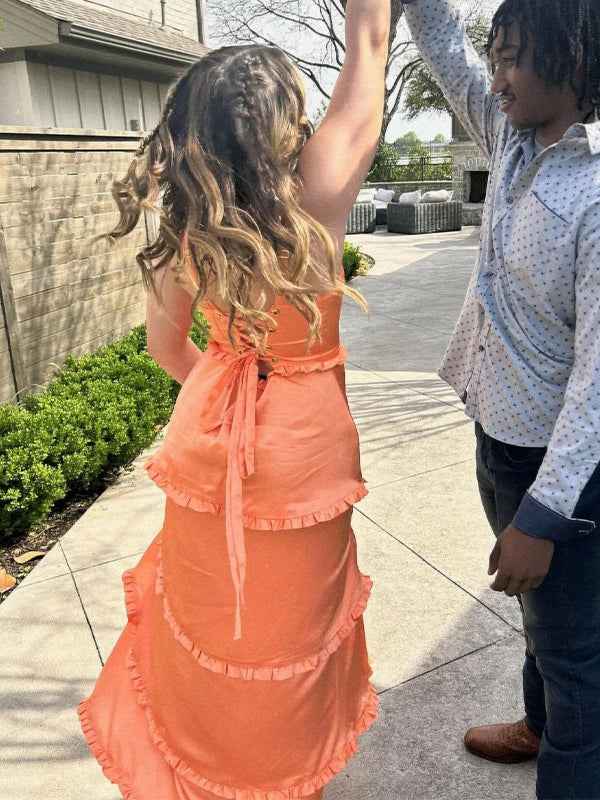 Orange A Line Cantaloupe Corset Tiered Long Prom Party Dresss