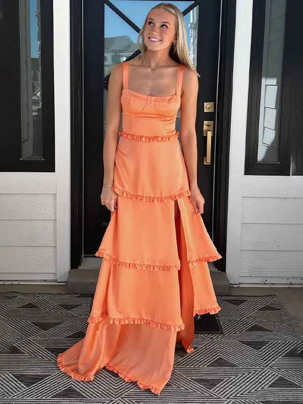 Orange A Line Cantaloupe Corset Tiered Long Prom Party Dresss