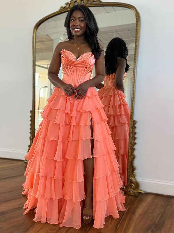 Yellow A Line Strapless Satin Corset Long Prom Dress with Ruffle Skirt