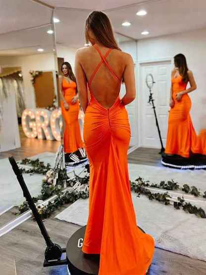 Orange Mermaid Halter Satin Long Prom Dress