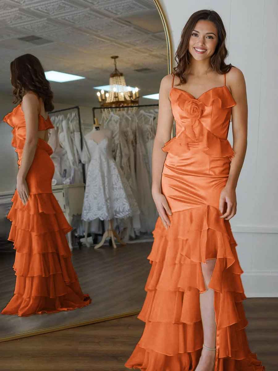 Yellow Mermaid Ruffle Chiffon Long Prom Dress with Flower