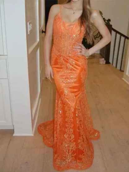 Orange Mermaid Spaghetti Straps Sequins Applique Prom Dress