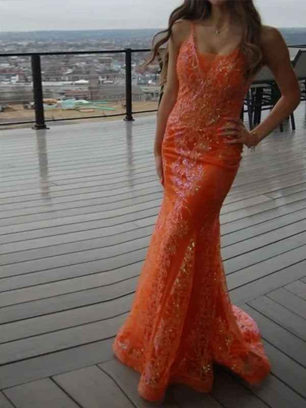 Orange Mermaid Spaghetti Straps Sequins Applique Prom Dress
