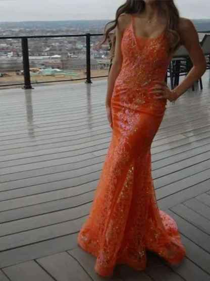 Orange Mermaid Spaghetti Straps Sequins Applique Prom Dress