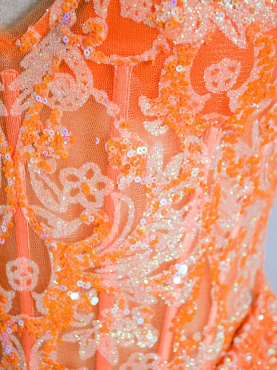 Orange Mermaid Spaghetti Straps Sequins Applique Prom Dress