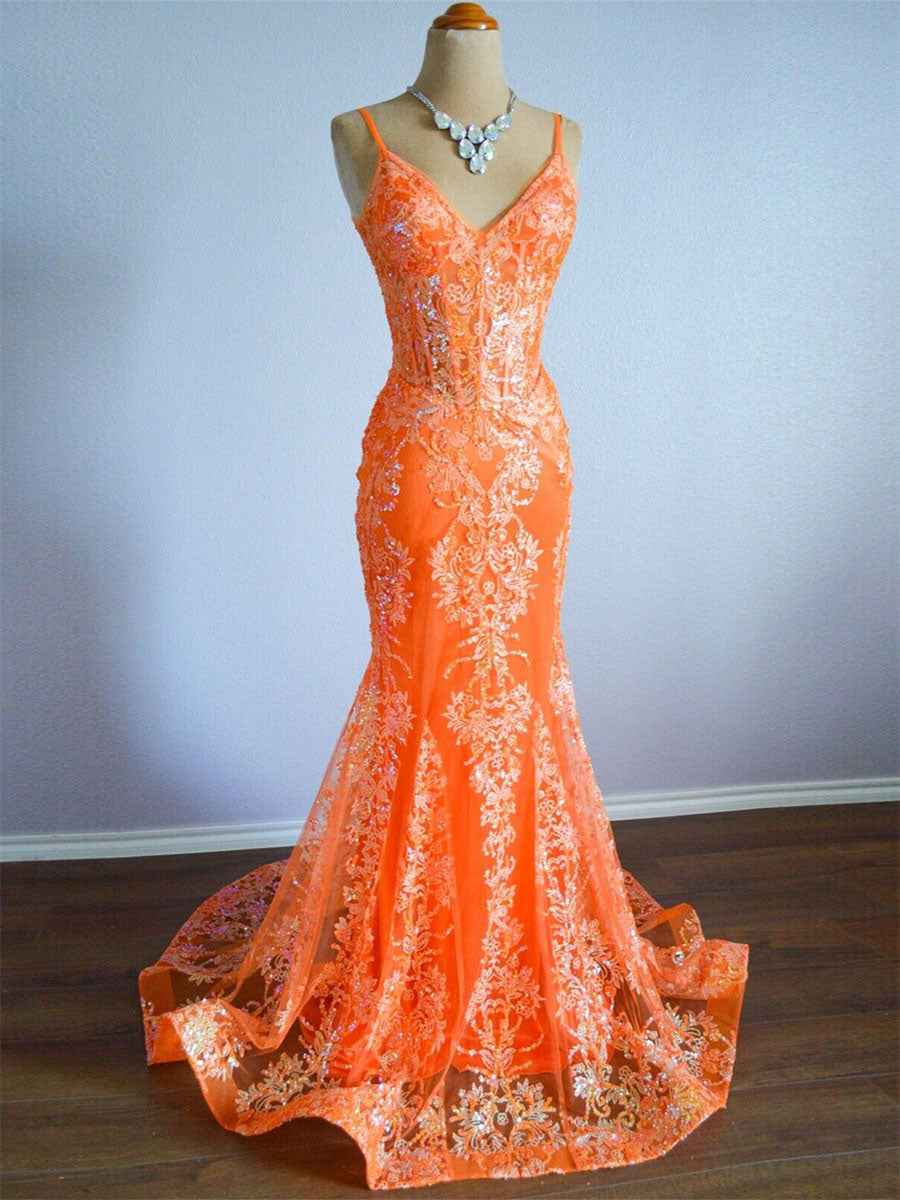 Orange Mermaid Spaghetti Straps Sequins Applique Prom Dress