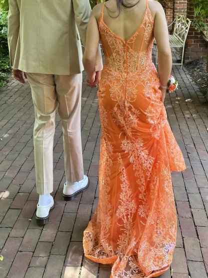 Orange Mermaid Spaghetti Straps Sequins Applique Prom Dress
