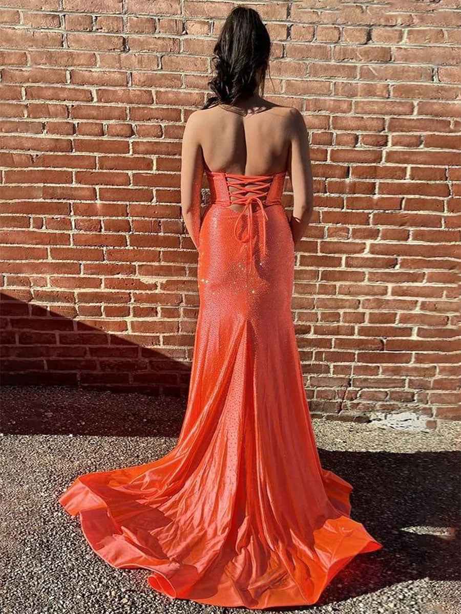 Orange Mermaid Strapless Long Prom Dress with Beads