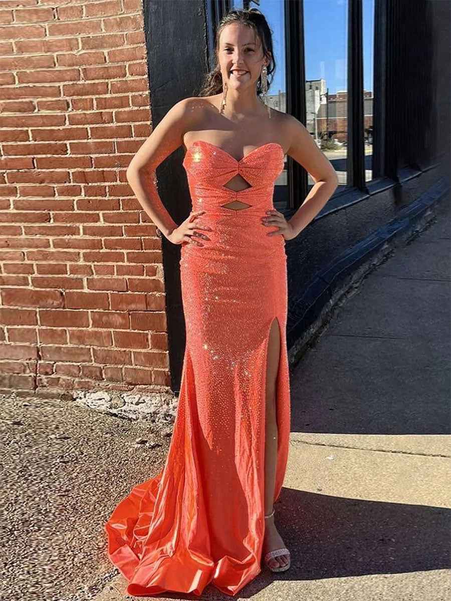 Orange Mermaid Strapless Long Prom Dress with Beads