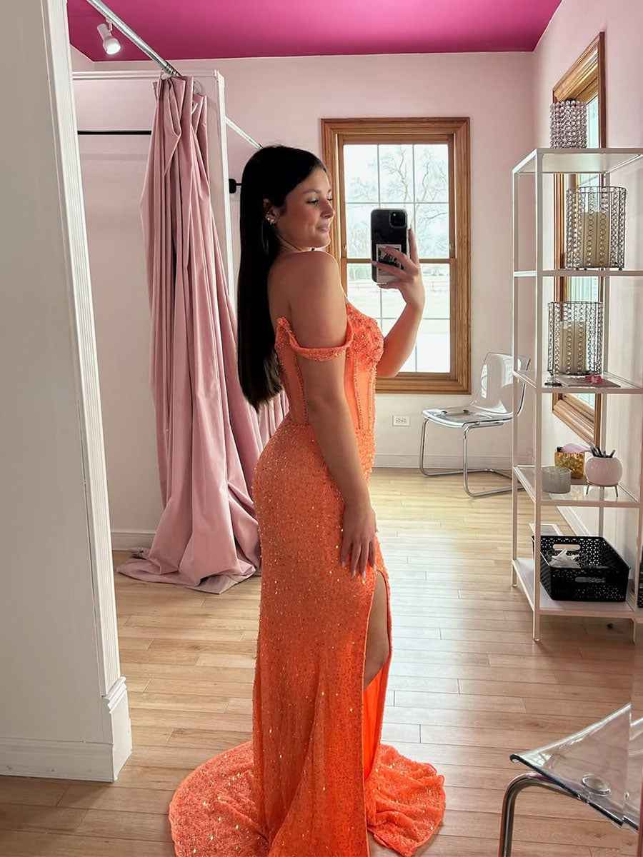 Orange Off-the-Shoulder Crystal Corset Sequin Prom Dress with Slit