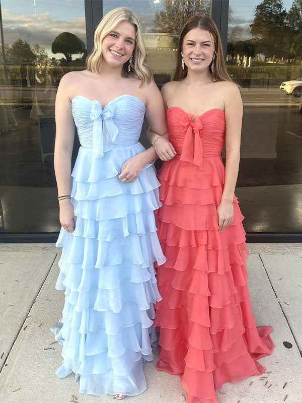 Fuchsia A-Line Sweetheart Chiffon Tiered Long Prom Dress with Slit