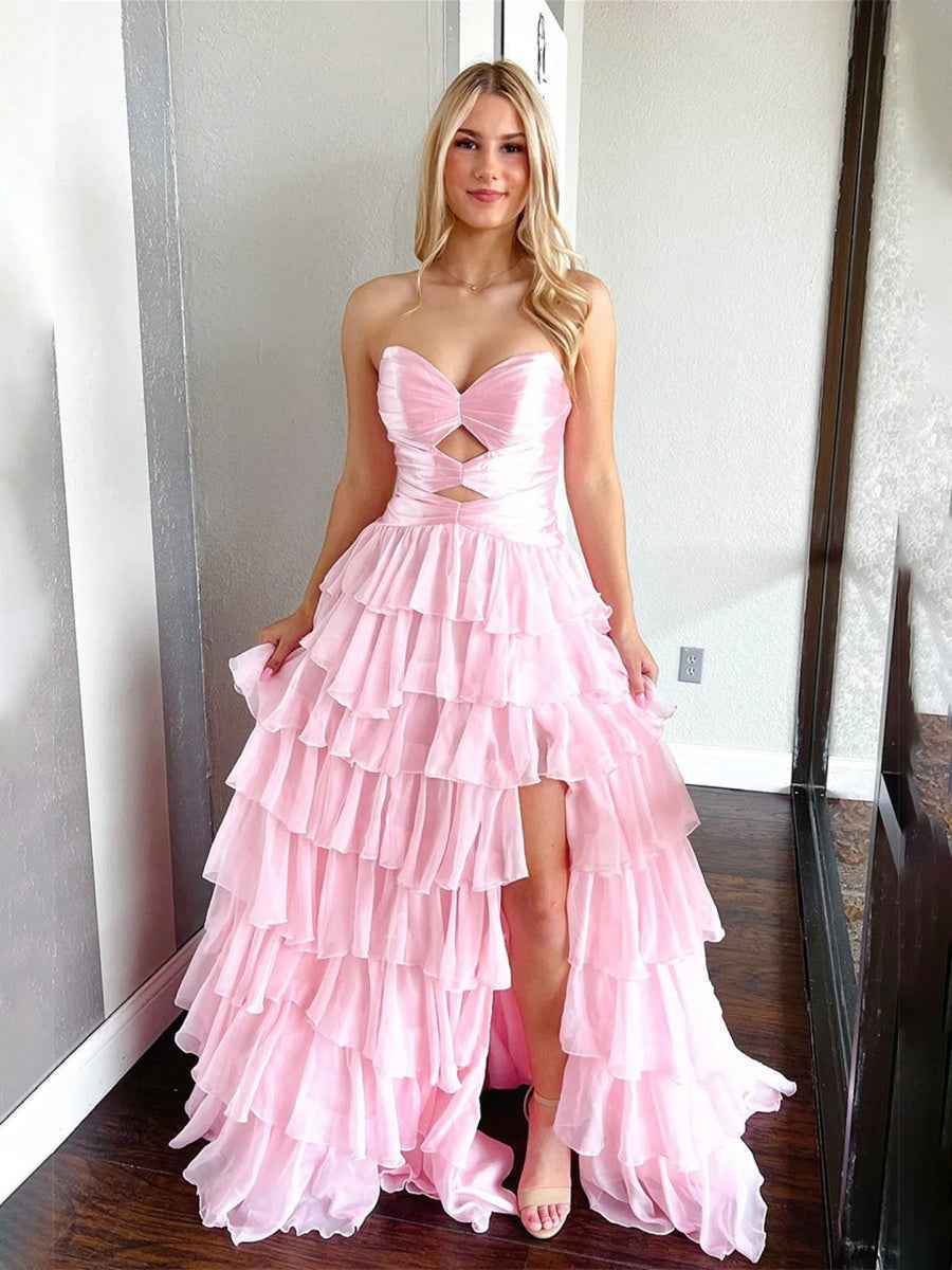 Hot Pink Strapless Cutout Tiered Ruffle Long Prom Dress with Slit