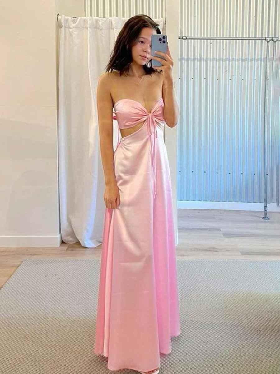 Pink A Line Strapless Back Tie Satin Long Prom Dress