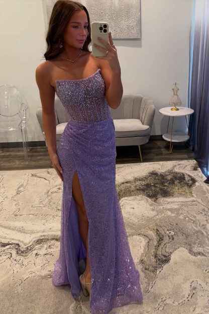Sparkly Champagne Strapless Sequins Bodycon Long Corset Prom Dress with Beading