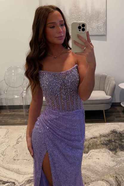 Sparkly Champagne Strapless Sequins Bodycon Long Corset Prom Dress with Beading
