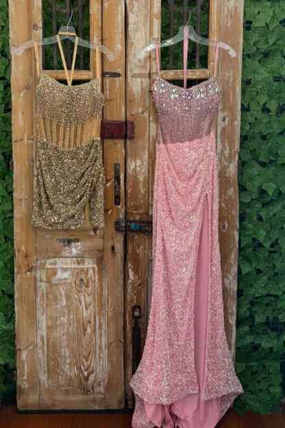 Sparkly Champagne Strapless Sequins Bodycon Long Corset Prom Dress with Beading