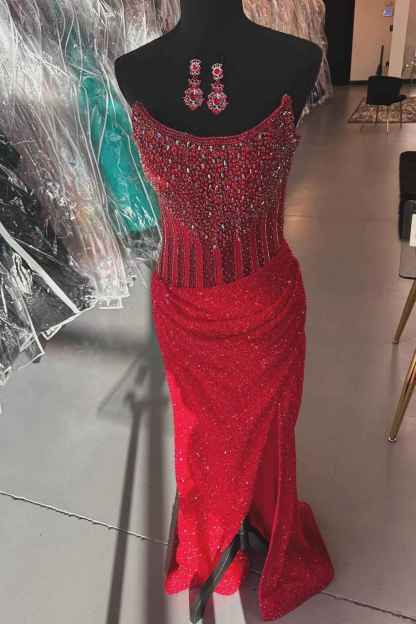 Sparkly Champagne Strapless Sequins Bodycon Long Corset Prom Dress with Beading