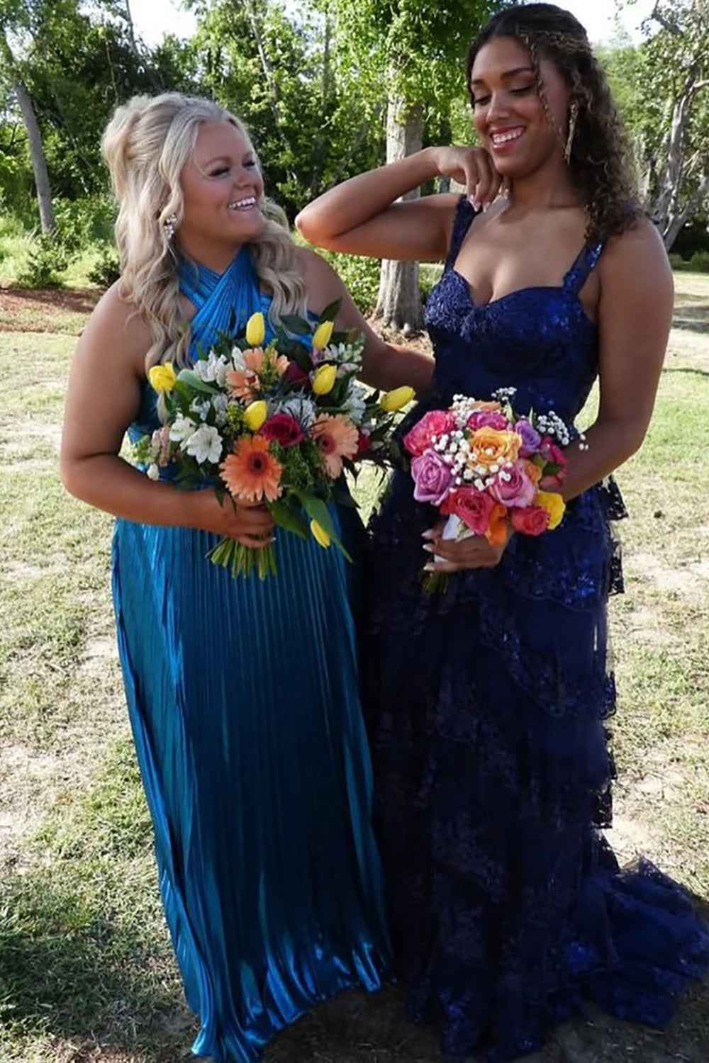 Metallic Blush Halter Neck A-Line Pleated Long Prom Dress with Slit