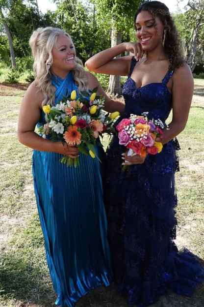 Metallic Blush Halter Neck A-Line Pleated Long Prom Dress with Slit