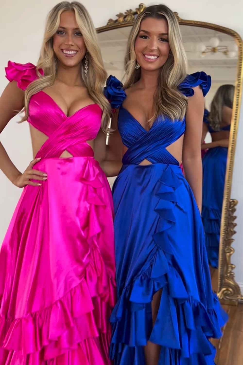 Red V-Neck A-Line Satin Tiered Long Prom Dress with Ruffles
