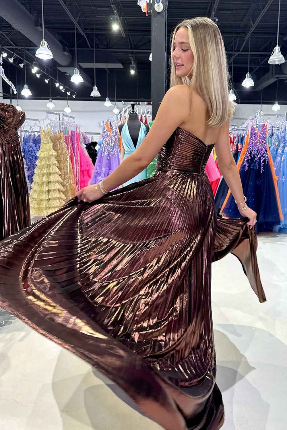 Purple Metallic Sweetheart A-Line Pleated Prom Dress with Slit