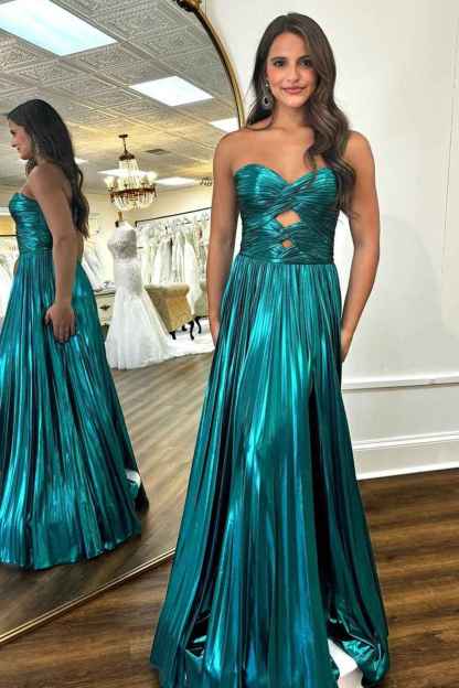 Purple Metallic Sweetheart A-Line Pleated Prom Dress with Slit