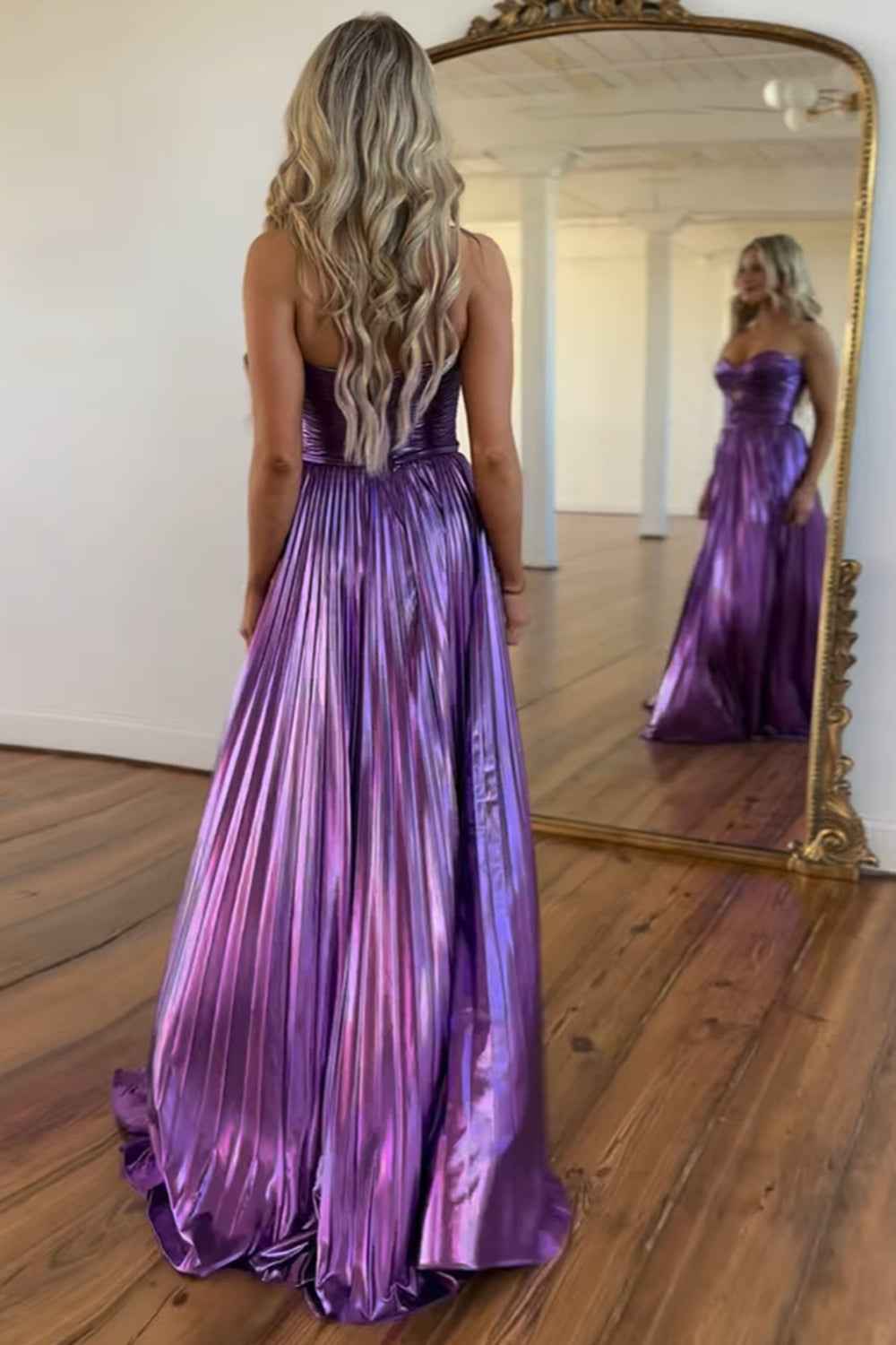 Purple Metallic Sweetheart A-Line Pleated Prom Dress with Slit