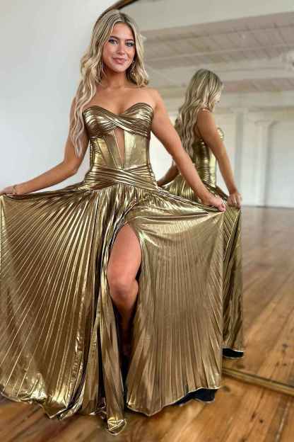 Golden Sweetheart A-Line Metallic Pleated Long Corset Prom Dress with Slit
