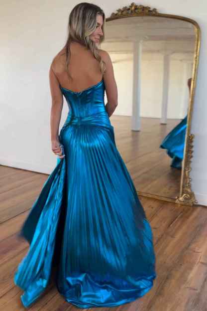 Golden Sweetheart A-Line Metallic Pleated Long Corset Prom Dress with Slit