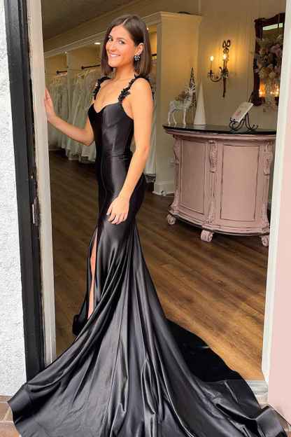 Red Spaghetti Straps Mermaid Satin Backless Long Prom Dress with Slit