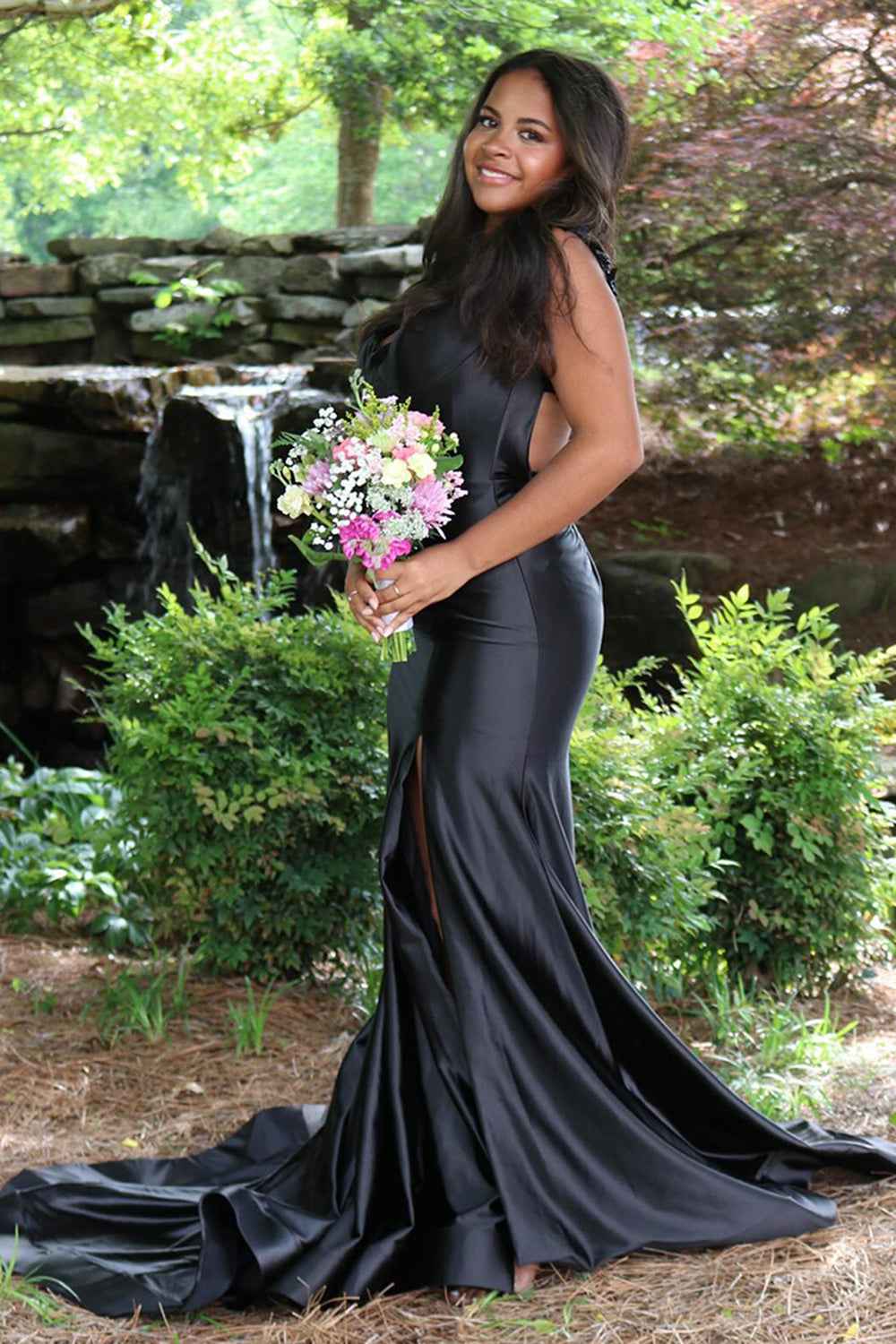 Red Spaghetti Straps Mermaid Satin Backless Long Prom Dress with Slit