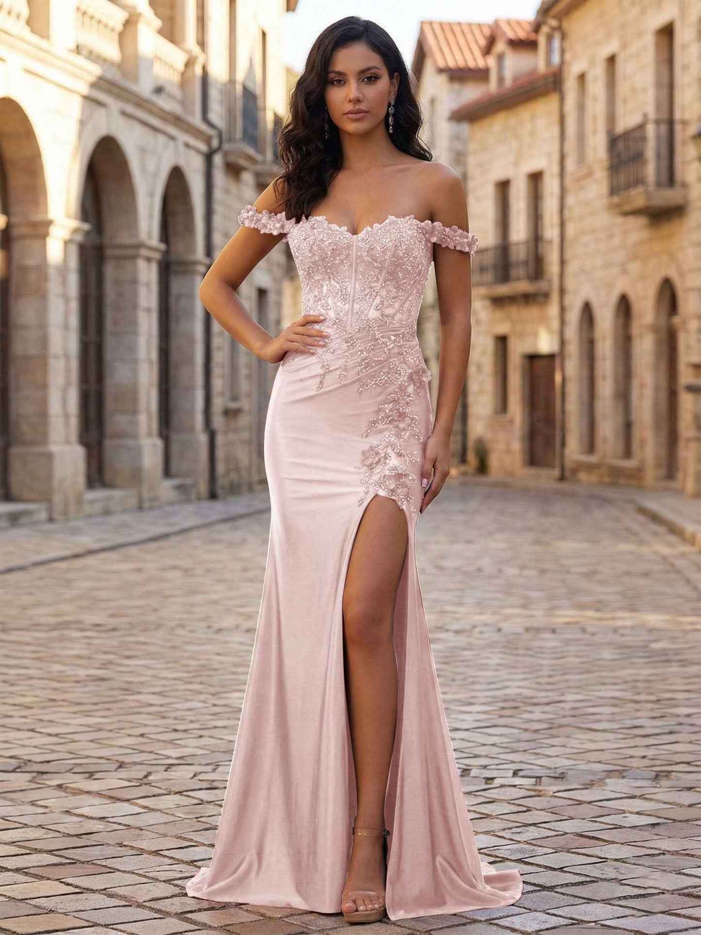 Mermaid Off-The-Shoulder Floral Corset Long Prom Dress with Slit