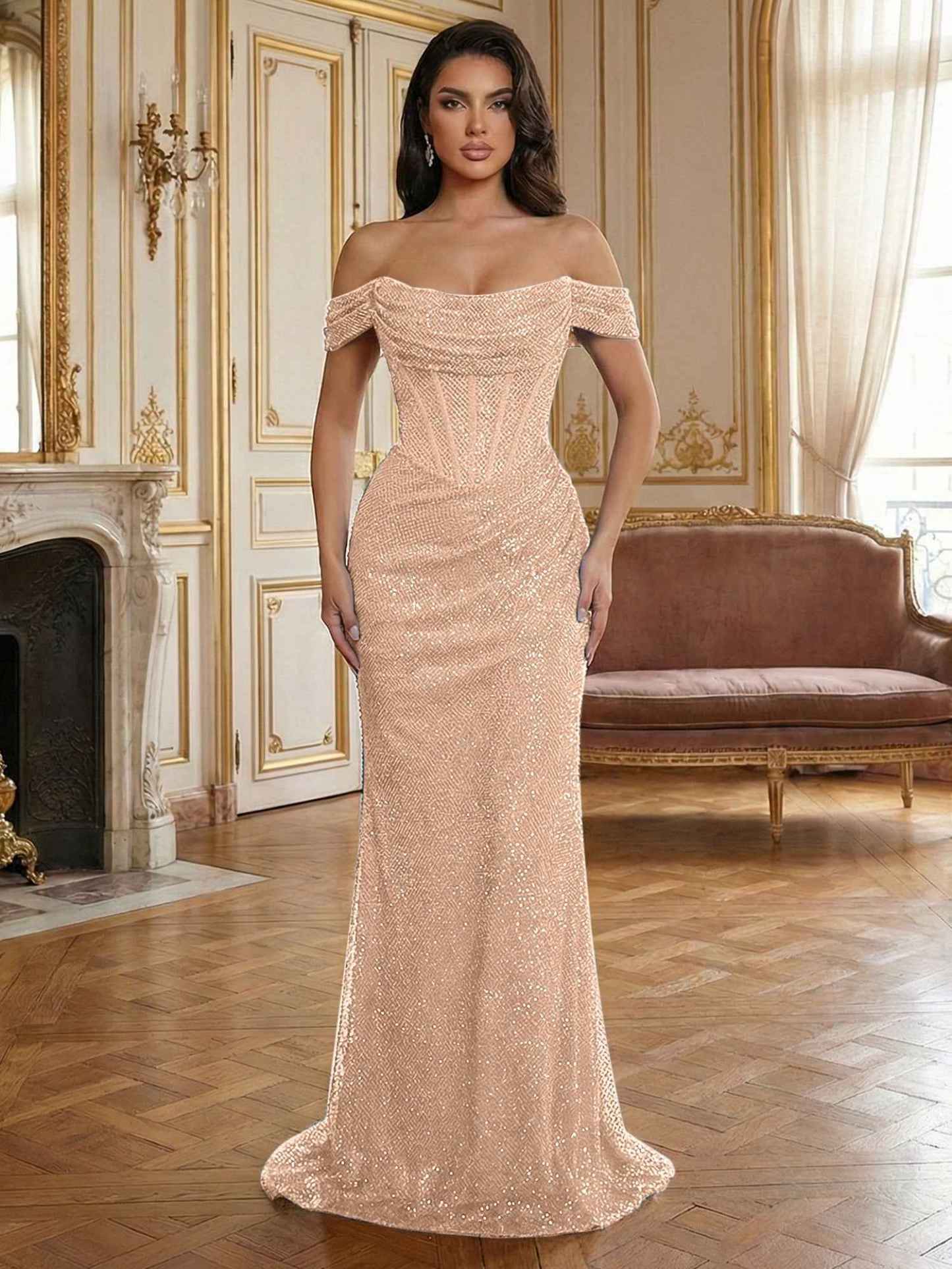 Red Off-The-Shoulder Sequined Corset Mermaid Long Prom Dress