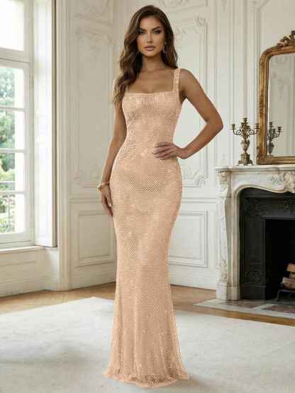 Crystal-Embellished Mermaid Long Prom Dress with Square Neckline