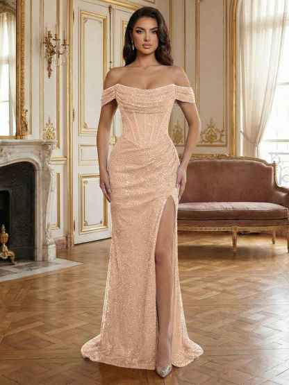 Sequin Off-the-Shoulder Corset Bodice Long Prom Dress with Slit
