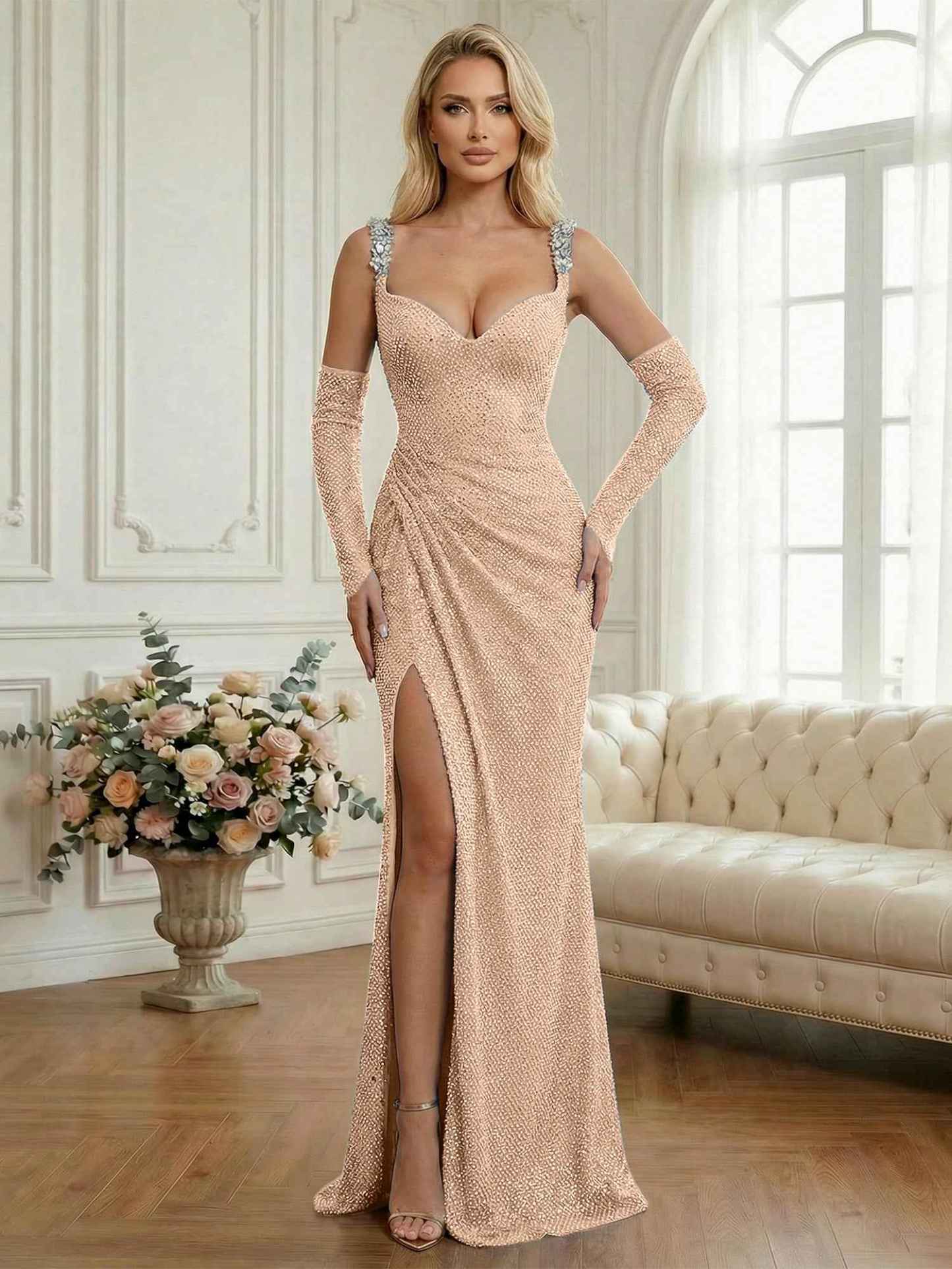 Light Blue Sequin Mermaid Matching Opera Gloves Long Prom Dress with Slit