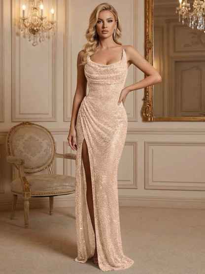 Silver Sequin Cowl Neck Ruched Long Prom Dress with High Slit