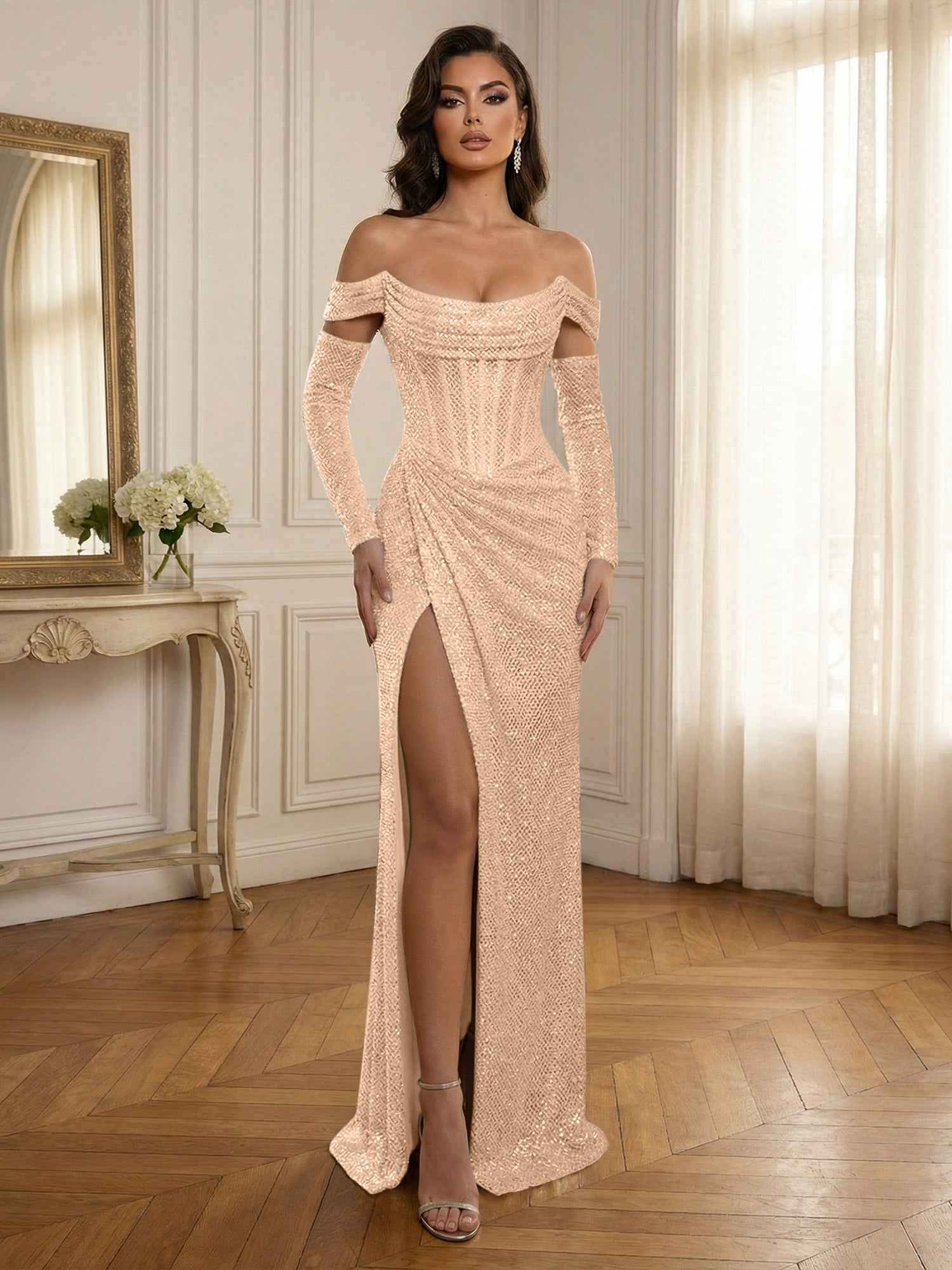 Silver Sequin Off-the-Shoulder Long Sleeves Corset Prom Dress with Slit