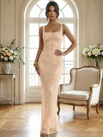 Sparkly Champagne Crystal Mesh Square Neck Long Prom Dress