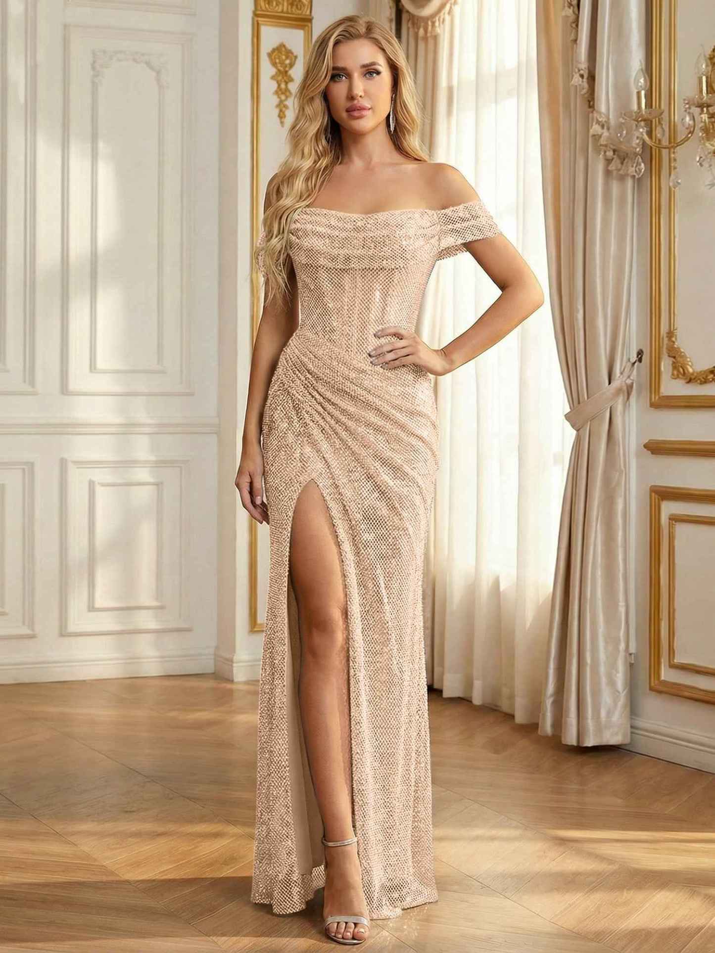 Sparkly Off-the-Shoulder Mesh Ruched Bodice Long Prom Dress with High Slit